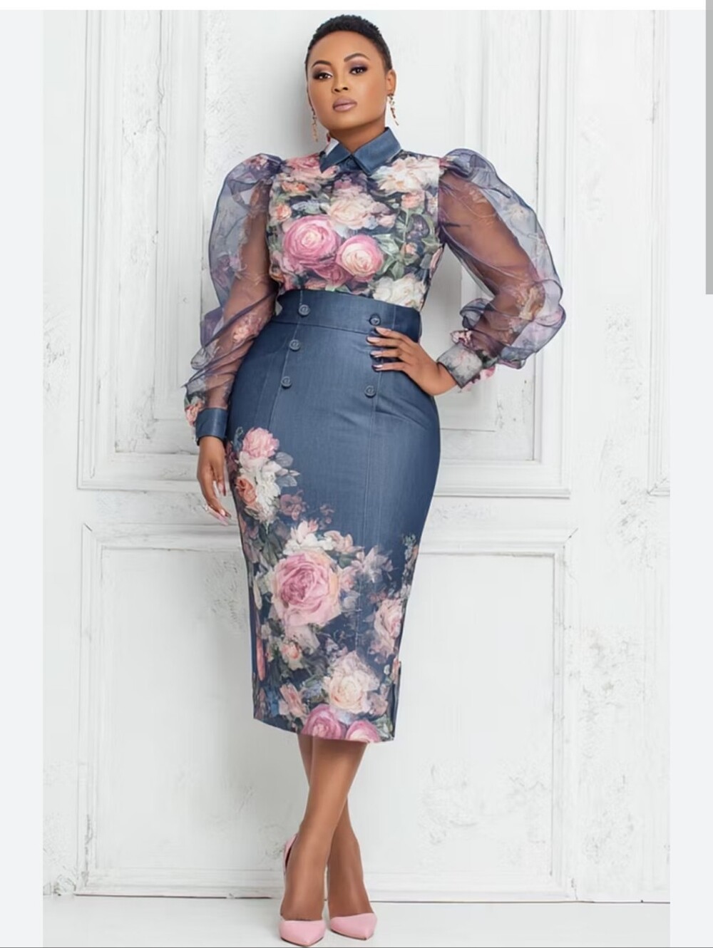NWT Womens Xpluswear Semi Formal Blue Floral Shirt And Matching Skirt